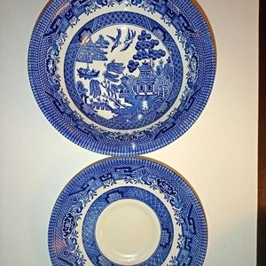 Antique Churchill England Blue Willow Soup Bowl And Soup Bowl Plate
